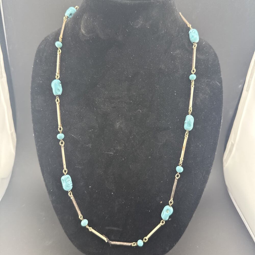 Vintage Silver Tone And Blue Bead Necklace